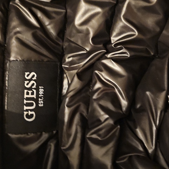 NWT Guess Shiny Black Puffer Jacket w Hoodie Pockets Full Zip 3X - Picture 7 of 15